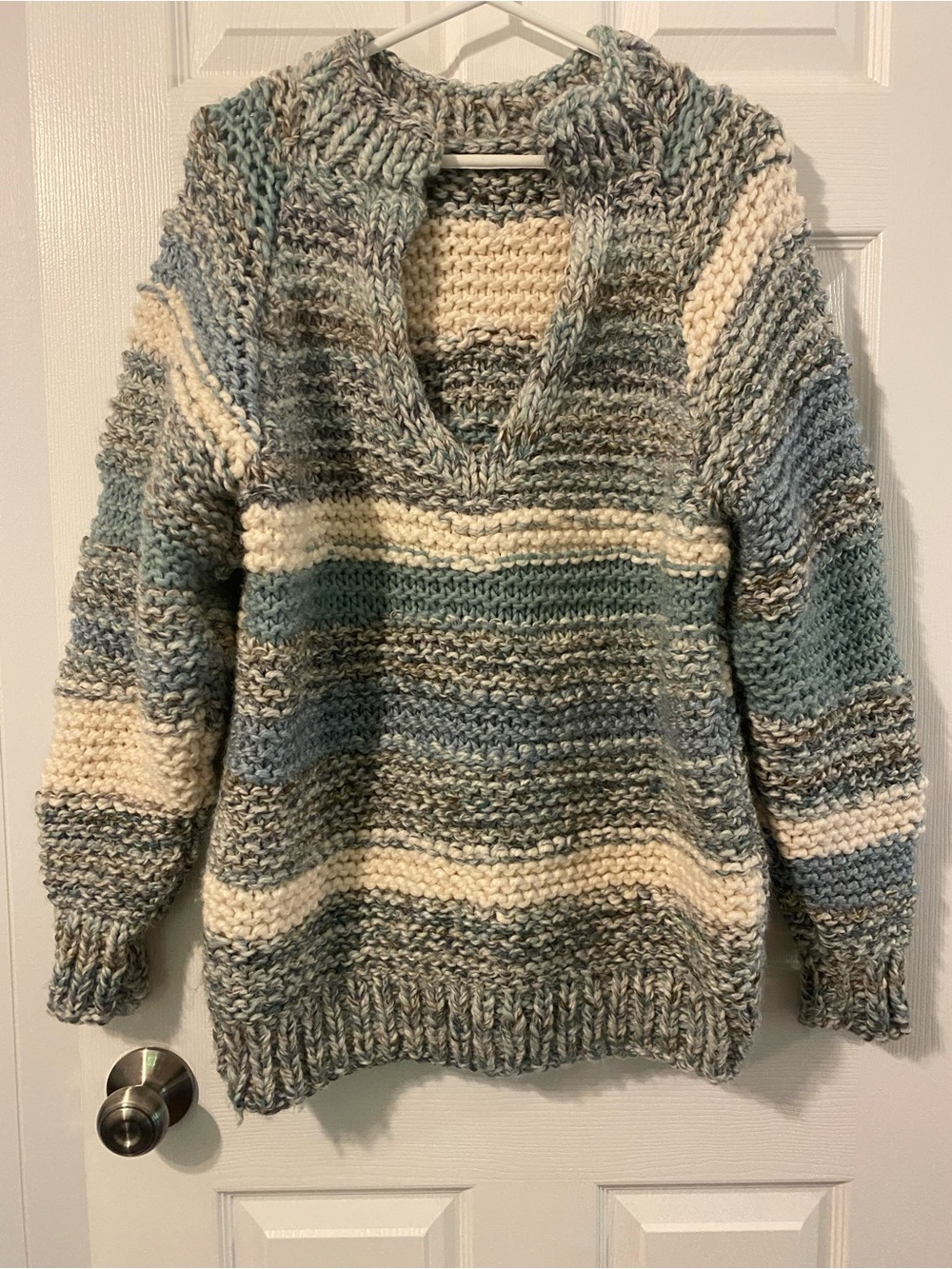 Chunky Hand-Knit Striped Split Neck Sweater Grey Blue Cream Sage Size M/L